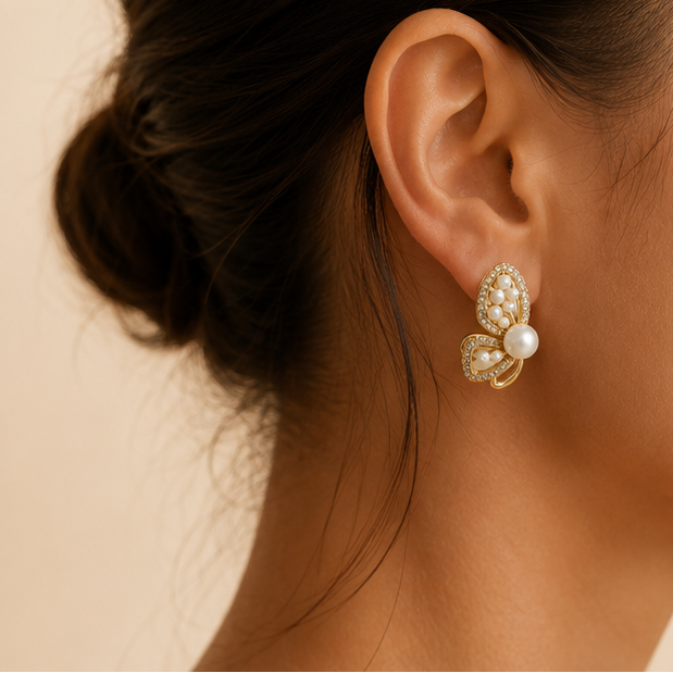 Anti-tarnish CZ pearl butterfly earrings for women JeevaFashions