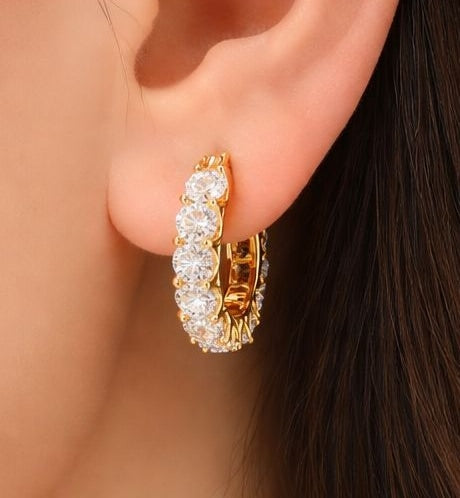 Anti-tarnish gold huggie hoops with cubic zirconia – lightweight hoop earrings for office and festive wear