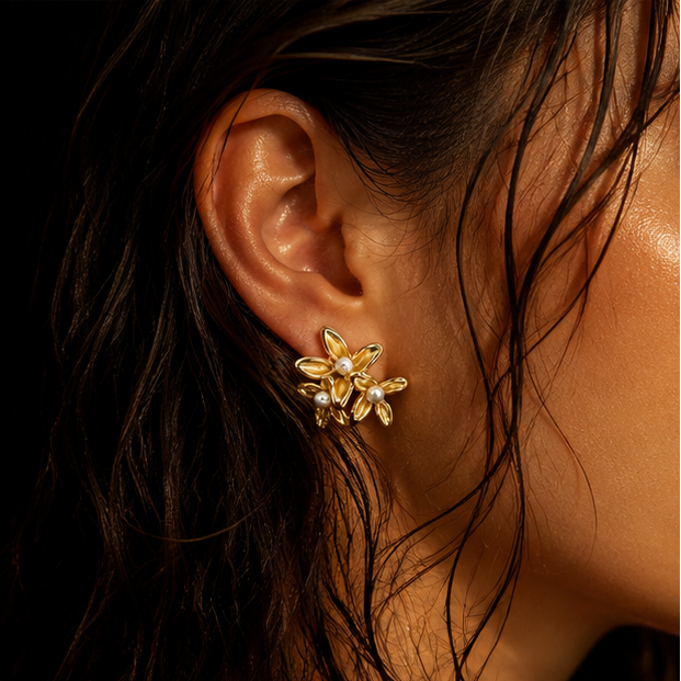Anti-tarnish matte gold flower pearl earrings for women JeevaFashions