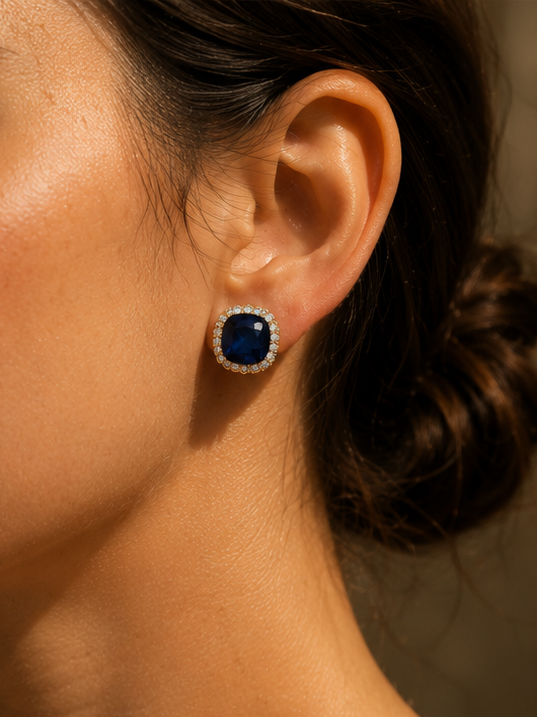 Anti-tarnish navy blue CZ halo earrings for women JeevaFashions