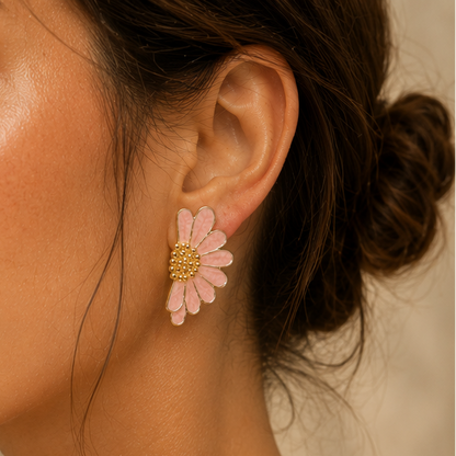 Anti-tarnish pink daisy flower earrings for women JeevaFashions