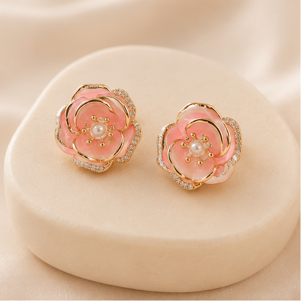 Anti-tarnish pink rose flower CZ earrings for women JeevaFashions
