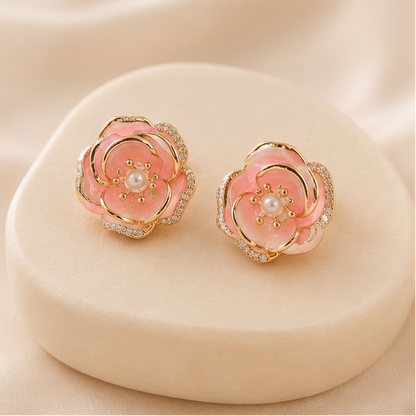 Anti-tarnish pink rose flower CZ earrings for women JeevaFashions