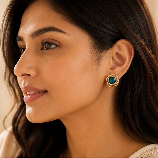 Anti-tarnish teal CZ halo earrings for women JeevaFashions