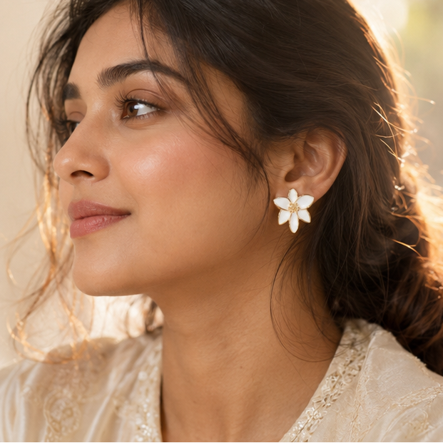 Anti-tarnish white lily petal earrings for women JeevaFashions