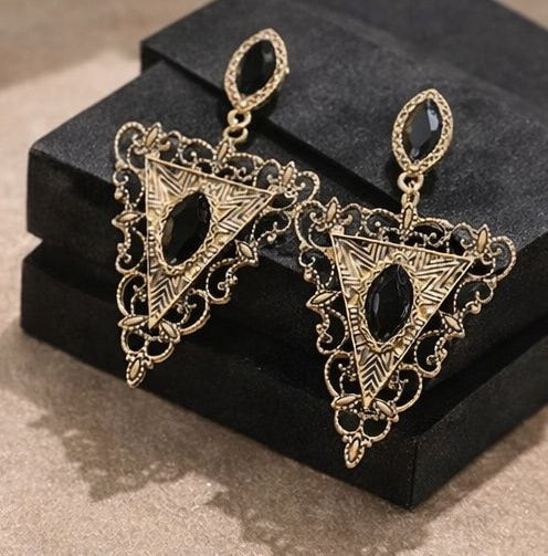 Antique gold drop earrings with black marquise stone for women JeevaFashions