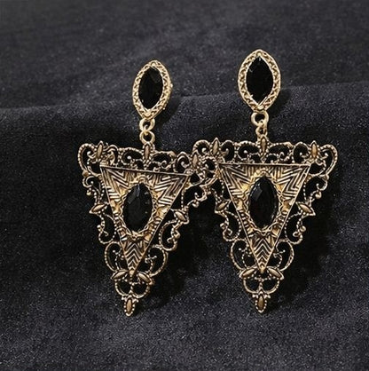 Antique gold filigree triangle drop earrings with black stone for women JeevaFashions