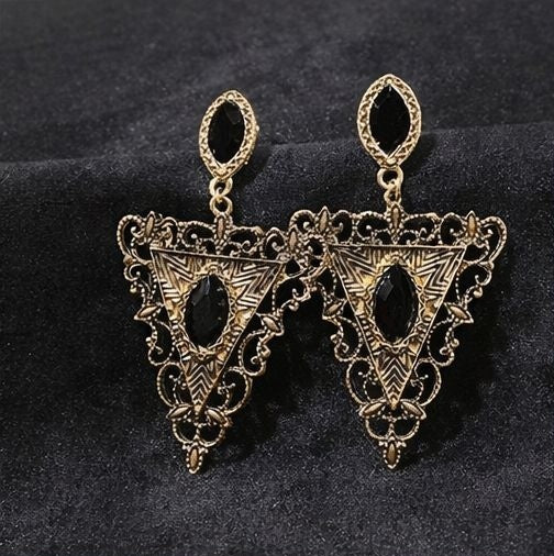 Antique gold filigree triangle drop earrings with black stone for women JeevaFashions