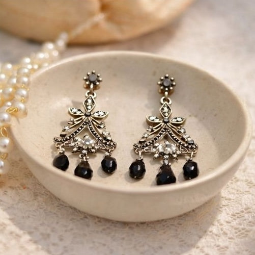 Antique silver tone chandelier earrings side view JeevaFashions