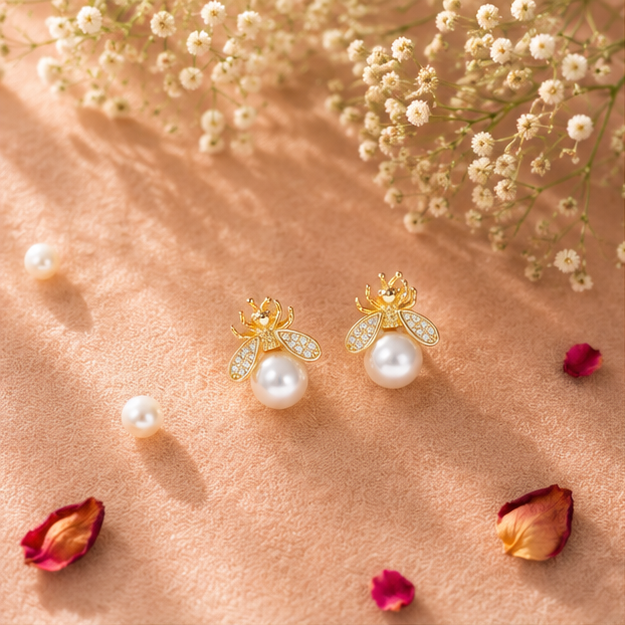 Gold tone bee earrings with CZ wings closeup for women JeevaFashions
