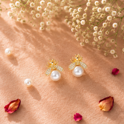 Gold tone bee earrings with CZ wings closeup for women JeevaFashions