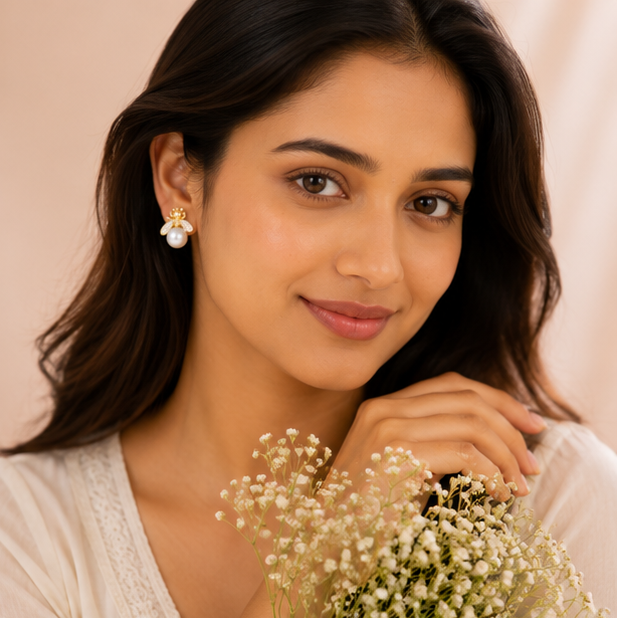 Bee pearl earrings styled for festive occasion for women JeevaFashions