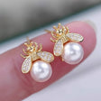 Bee pearl stud earrings gold tone CZ for women JeevaFashions