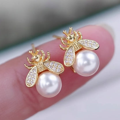 Bee pearl stud earrings gold tone CZ for women JeevaFashions