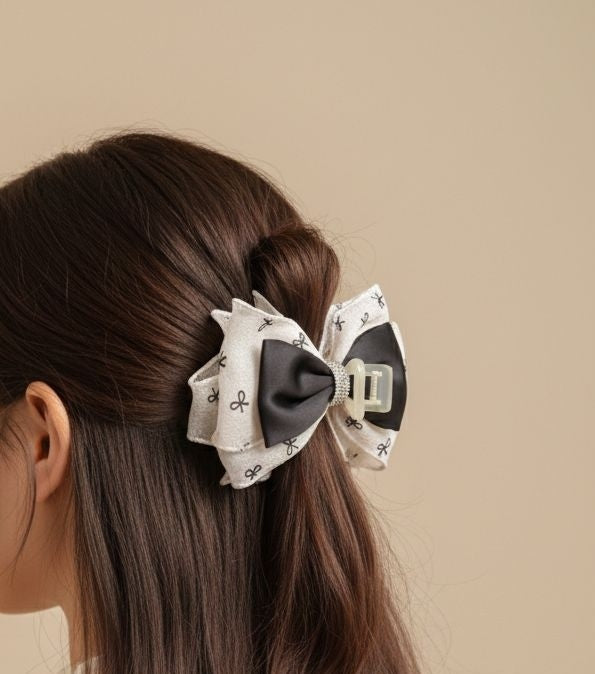Beige and black bow hair claw styled on hair – elegant hair accessory for women by JeevaFashions