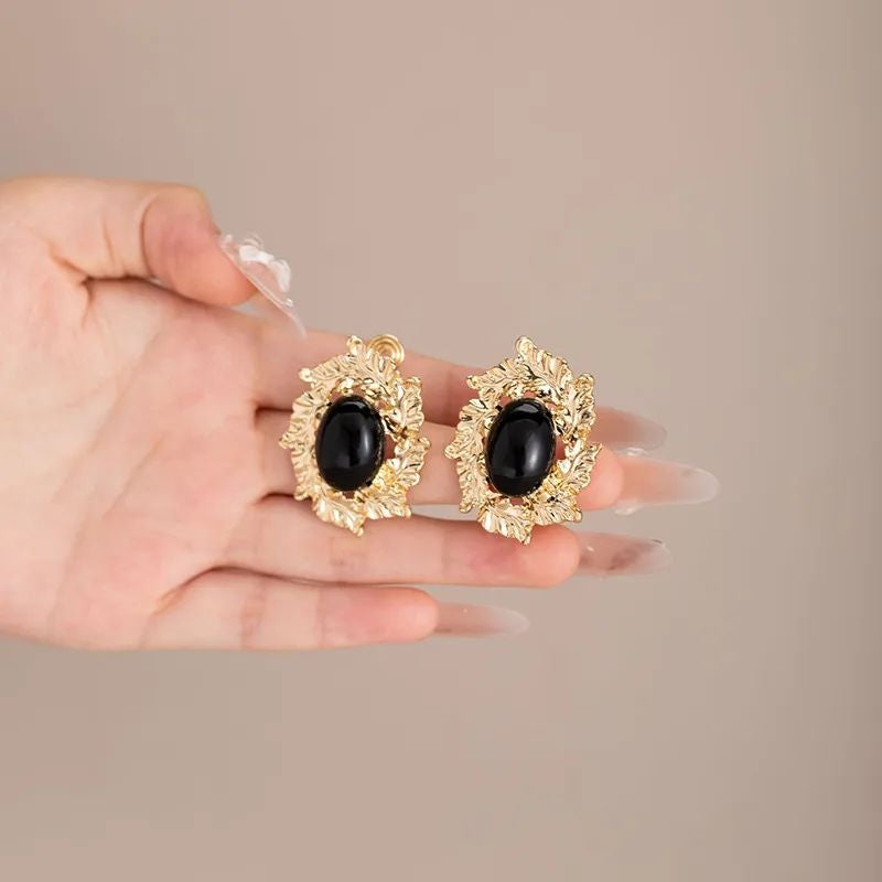 Black baroque pearl oval stud earrings gold tone sterling silver posts JeevaFashions