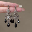 Black crystal chandelier earrings antique silver tone statement JeevaFashions