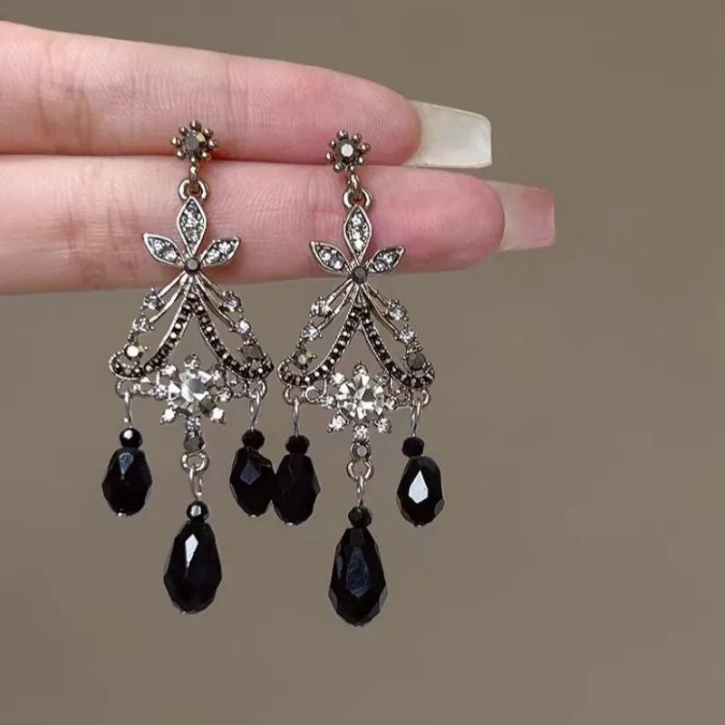 Black crystal chandelier earrings antique silver tone statement JeevaFashions