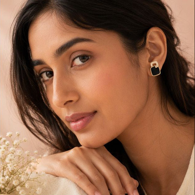 Black enamel geometric stud earrings with gold crystal frame – anti-tarnish everyday earrings for Indian women