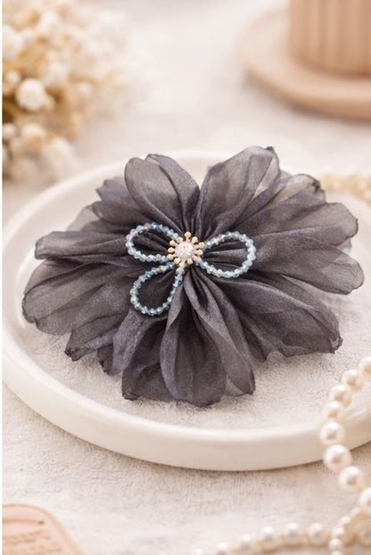 Black floral hair clip close up detail for women JeevaFashions