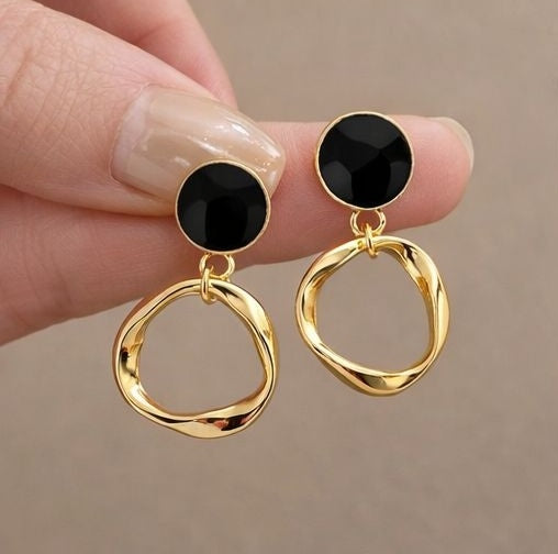 Black and gold geometric drop earrings styled for women JeevaFashions