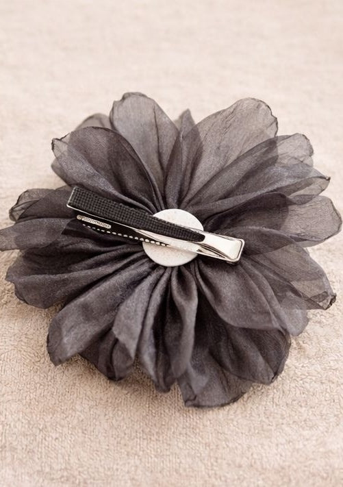 Black organza floral hair clip with beaded butterfly JeevaFashions