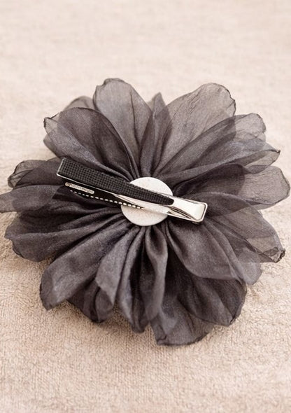 Black organza floral hair clip with beaded butterfly JeevaFashions