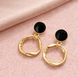 Black round drop earrings with open gold hoops for women JeevaFashions