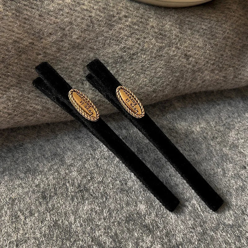 Black velvet hair pin vintage gold oval badge barrette for women JeevaFashions