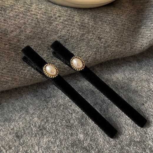 Black velvet pearl hair pin gold bead edge barrette for women JeevaFashions