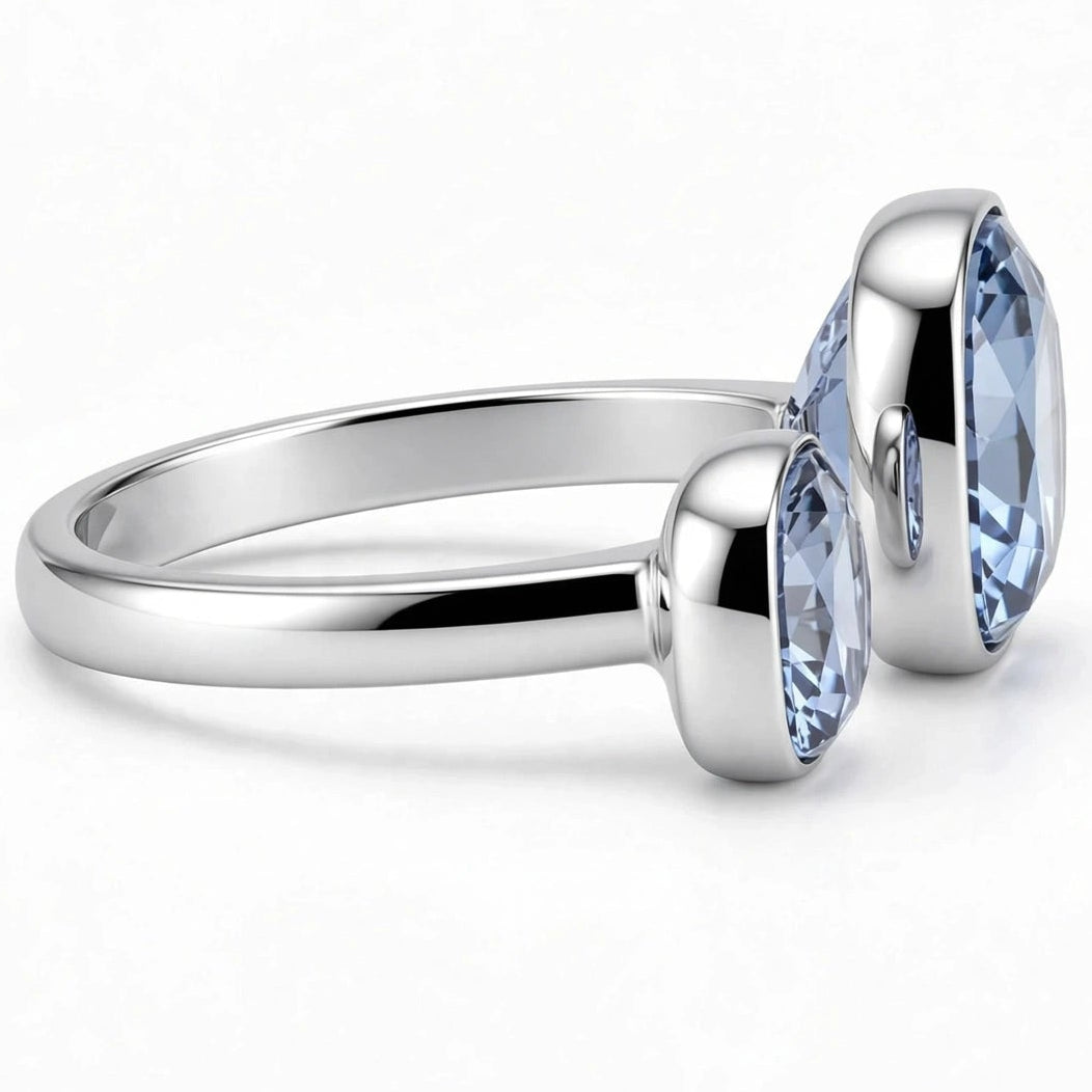 Blue crystal open ring angle view silver band for women at JeevaFashions