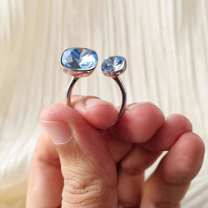 Blue crystal open ring detail shot square cushion cut for women at JeevaFashions