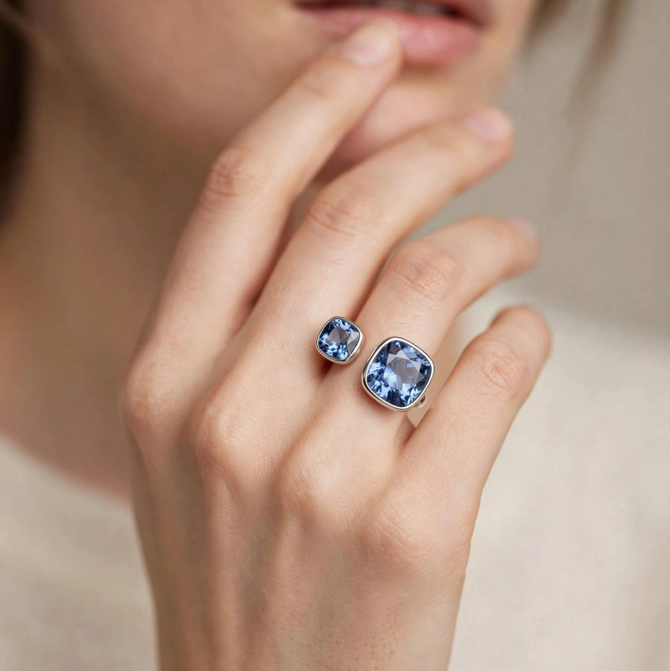 Blue crystal open ring festive wear silver band for women at JeevaFashions