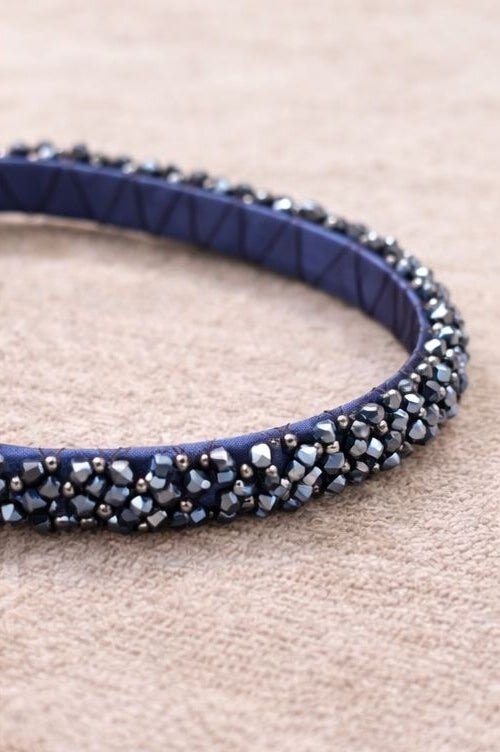 Blue crystal statement headband close up detail JeevaFashions