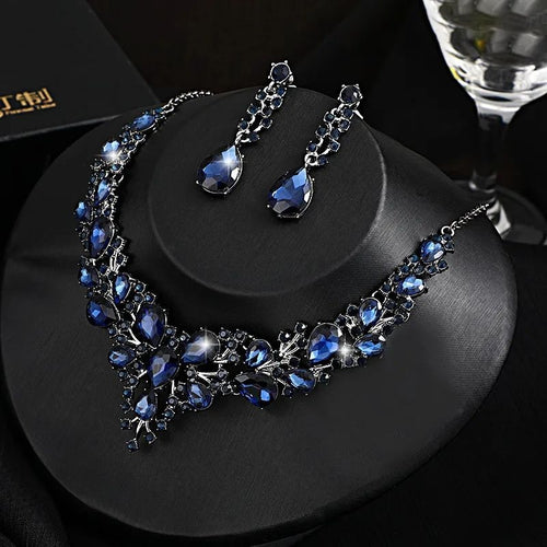 Black ink blue diamond crystal statement necklace and chandelier earring set – bold party jewellery for women