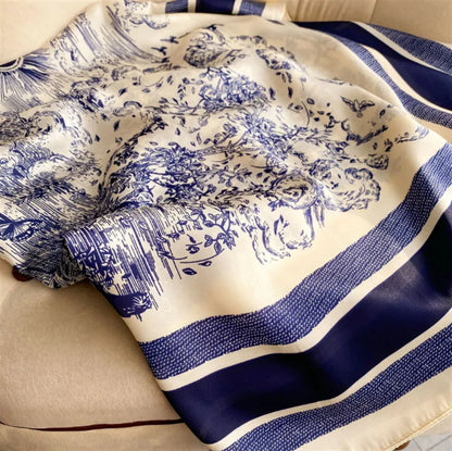 Blue ivory satin scarf close up print detail JeevaFashions