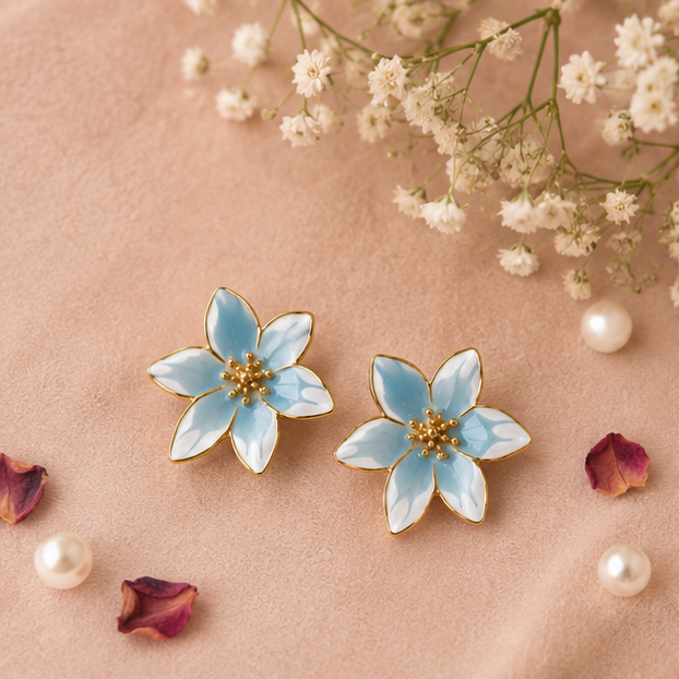 Blue and white lily earrings styled for festive occasion JeevaFashions