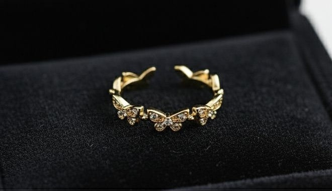 Gold butterfly ring for women with CZ crystal accents