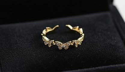 Gold butterfly ring for women with CZ crystal accents