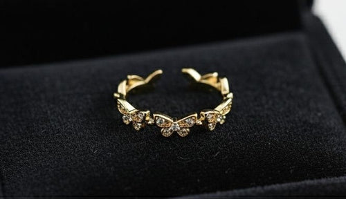 Gold butterfly ring for women with CZ crystal accents