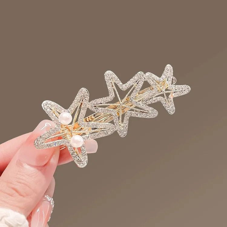 Cat eye pearl triple star hair clip gold tone JeevaFashions