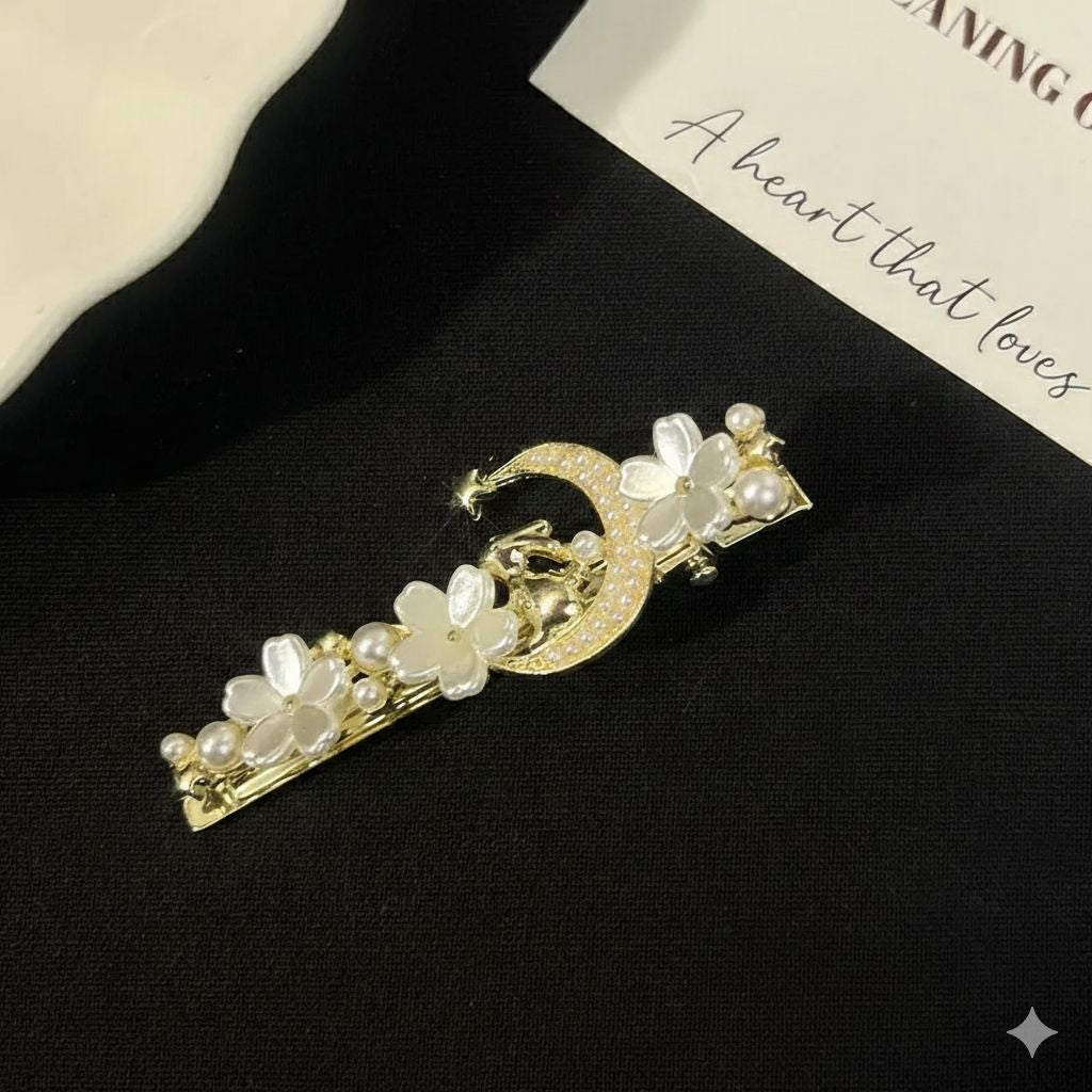 Celestial crescent moon pearl blossom hair clip for women JeevaFashions