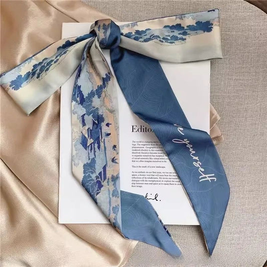 Cerulean village silk-feel skinny scarf hair ribbon for women JeevaFashions