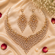 Champagne gold crystal fringe necklace and chandelier earring set for women – CZ party wear jewellery