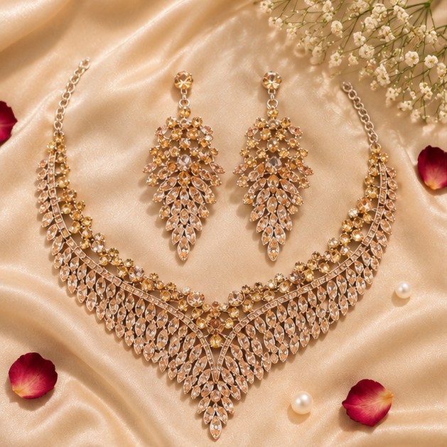 Champagne gold crystal fringe necklace and chandelier earring set for women – CZ party wear jewellery