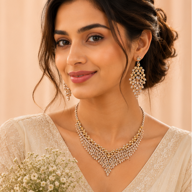 Chandelier earrings with amber CZ crystals – matching set with champagne gold fringe necklace for women