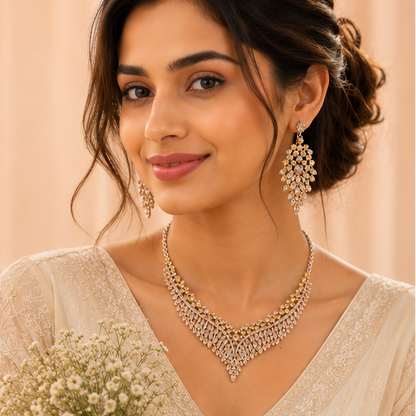 Chandelier earrings with amber CZ crystals – matching set with champagne gold fringe necklace for women