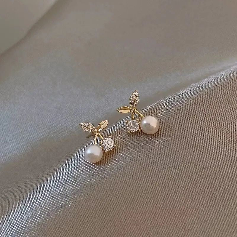 Cherry blossom pearl crystal stud earrings for women JeevaFashions