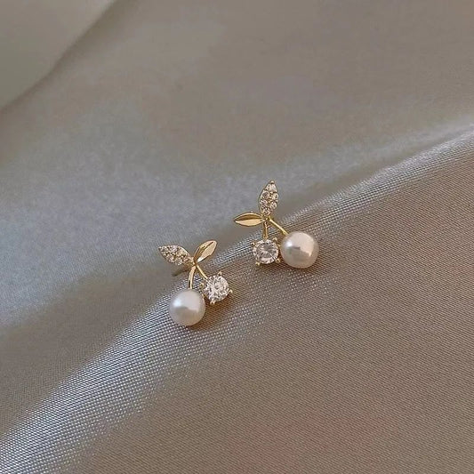 Cherry blossom pearl crystal stud earrings for women JeevaFashions