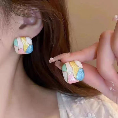 Colourful geometric enamel stud earrings with cloisonné-style mosaic design – anti-tarnish gold-tone studs for Indian women